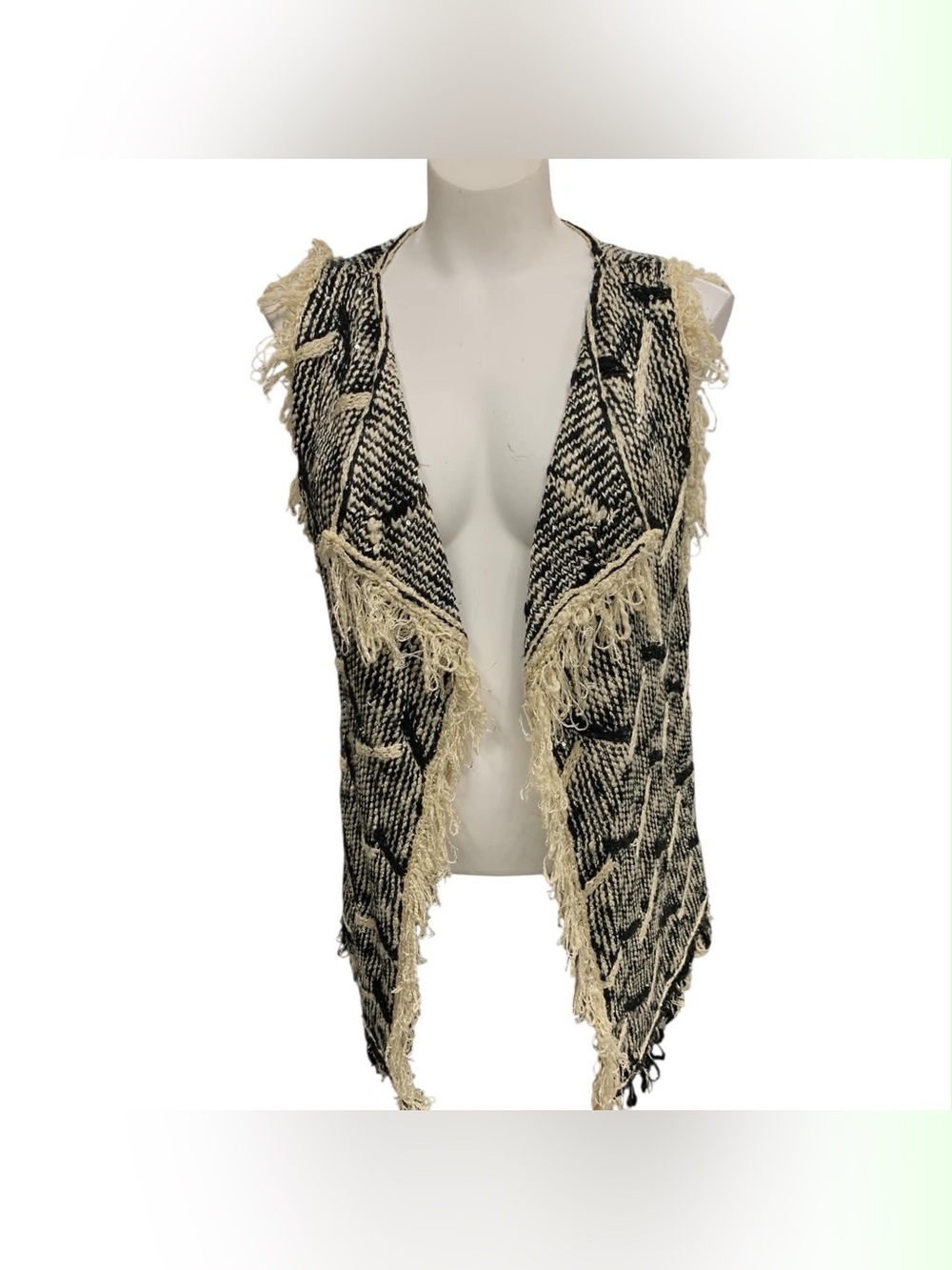 Orange Fringed Open-Front Knit Vest - Black & Cream Size L